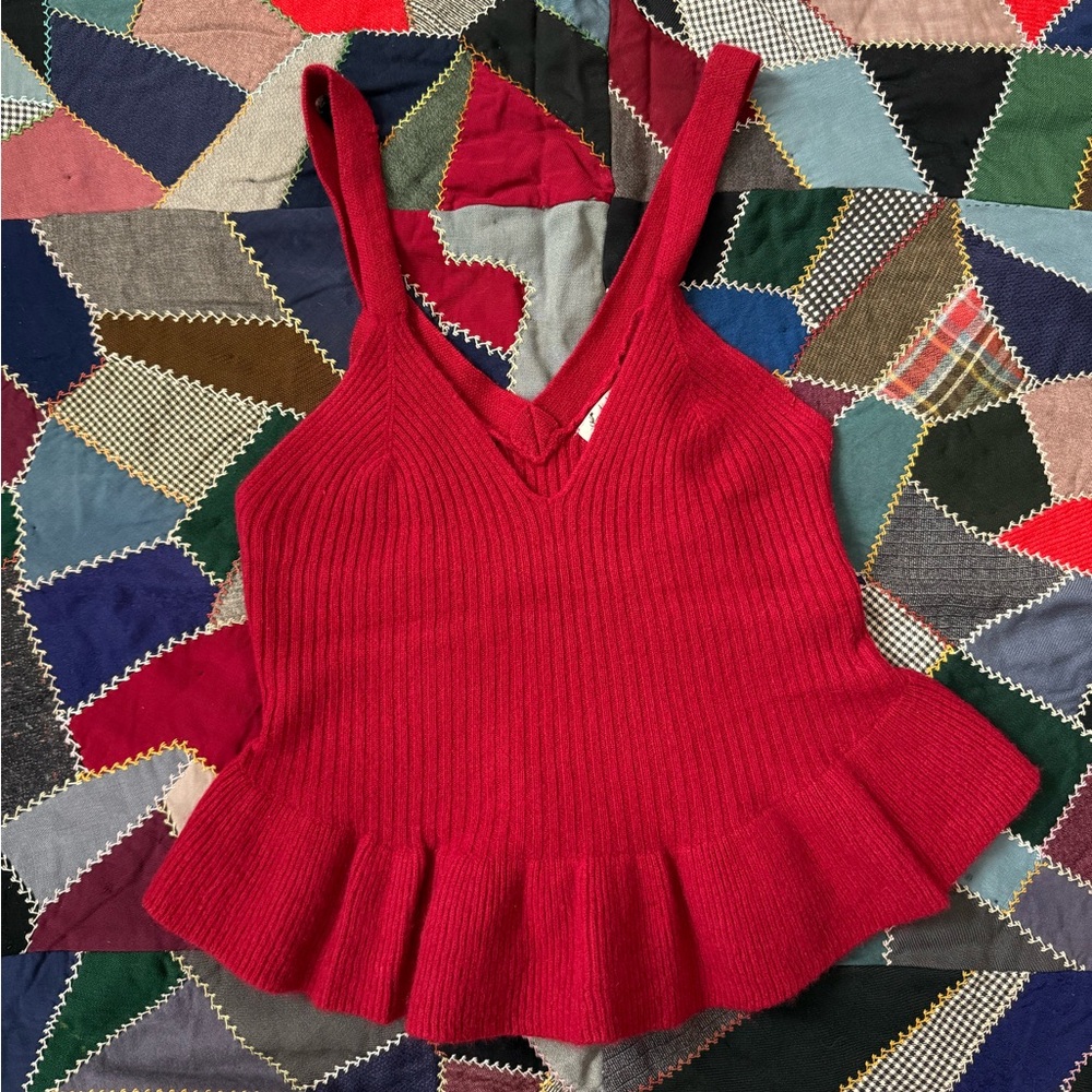 Free People Red Ribbed Peplum Camisole